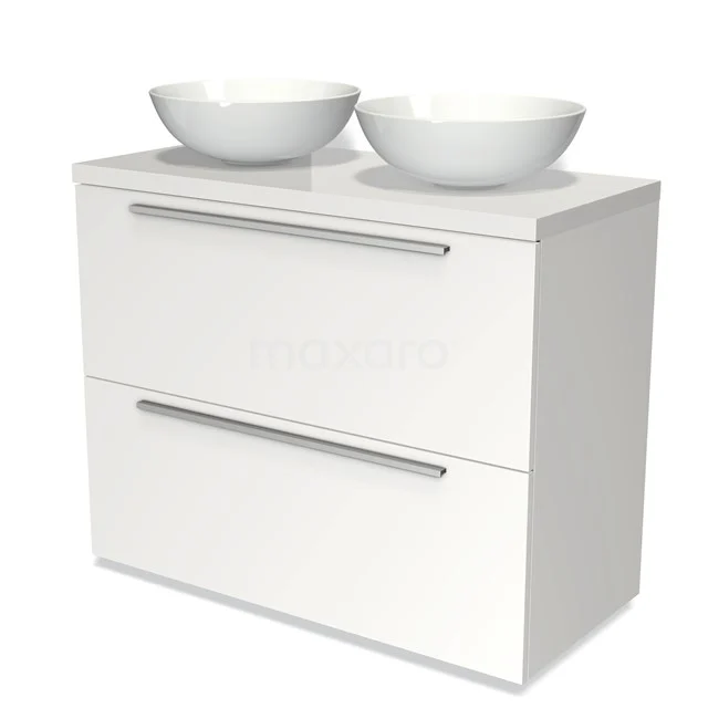 Badmöbel für Waschtischunterschrank mit Konsole 100cm Modulo Plato Matt Weiß 2 hohe Schubladen Flach Hochglanz Weiß Platte BMK13-00577 Weißes Badezimmermöbel mit zwei runden Aufsatzwaschbecken, modernes Design, glatte Oberfläche und metallischen Haltegriffen.