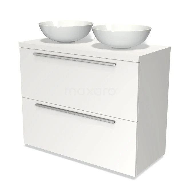 Badmöbel für Waschtischunterschrank mit Konsole 100cm Modulo Plato Matt Weiß 2 hohe Schubladen Flach BMK13-00578 Weißer Badschrank mit zwei Schubladen, schlankem Design und doppelten Aufsatz-Waschbecken; ideal für moderne Badezimmeraufstellungen.