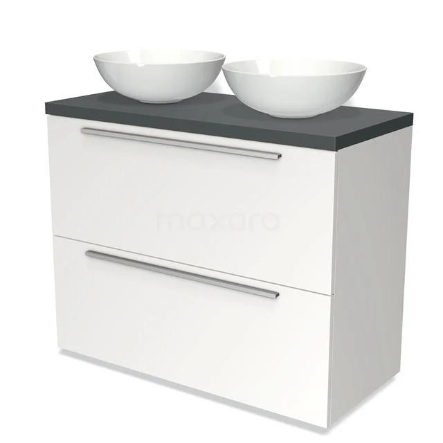 Badmöbel für Waschtischunterschrank mit Konsole 100cm Modulo Plato Matt Weiß 2 hohe Schubladen Flach Dunkelgrau Platte BMK13-00579 Weißes Badezimmermöbel mit zwei runden Waschbecken, einer matt schwarzen Oberseite und zwei breiten Schubladen für optimalen Stauraum.