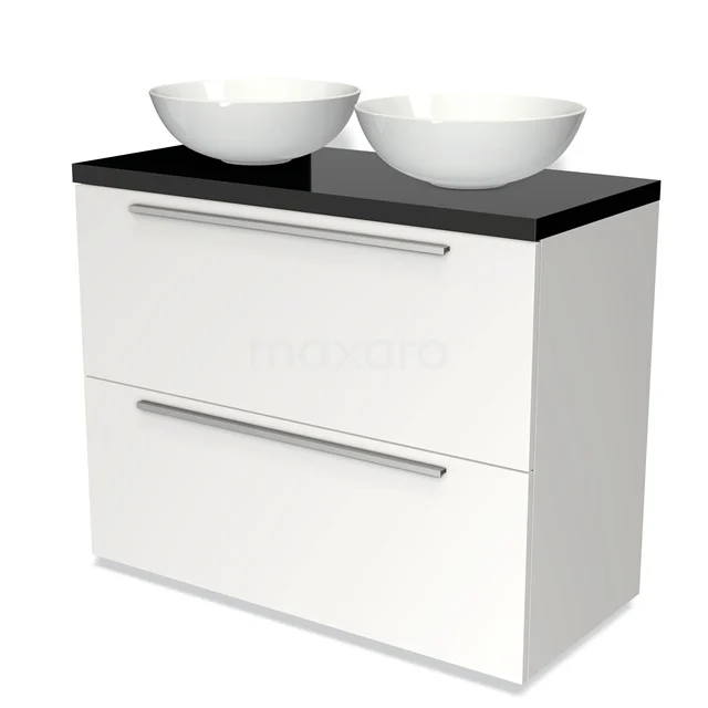 Weißes Badezimmermöbel mit schwarzer Oberseite, doppelten keramischen Aufsatzwaschbecken und zwei Schubladen. Modernes Design für stilvolle Bäder.