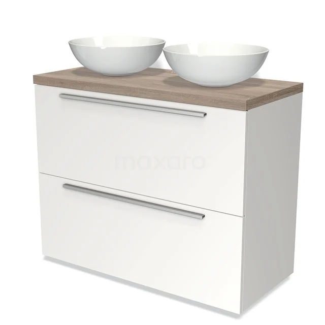 Badmöbel mit Aufsatzwaschbecken 100cm Modulo Plato Matt Weiß 2 hohe Schubladen Flache Platte aus Eiche BMK13-00581 Weißes Badezimmermöbel mit zwei runden Waschbecken, holzfarbener Platte, schlankem Design und metallischen Griffen für moderne Badezimmer Einrichtung.