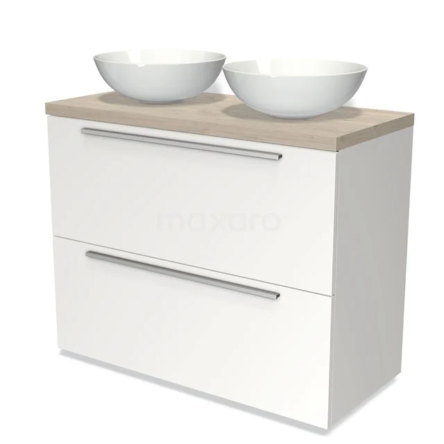Weißes Badezimmermöbel mit Holzlook-Platte, doppelten Schubladen und zwei weißen Waschbecken, modernes und stilvolles Design.