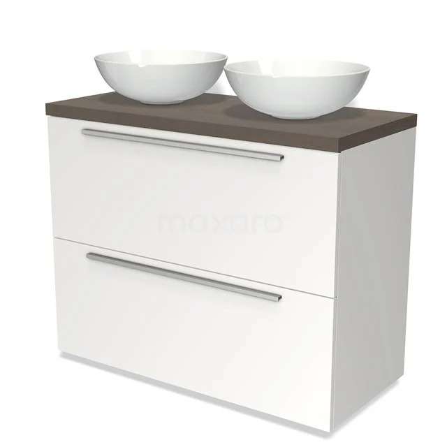 Weißes Badezimmermöbel mit Holzlook Platte, zwei runden Aufsatzwaschbecken und metallischen Haltegriffen, modernes Design für Doppelwaschbecken.