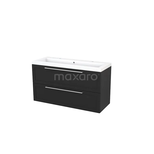Modulo+ Vanity units with basin | 120 cm Carbon Frame front Mineral marble 2 Stacked drawers BMP003497 Black bathroom unit with two drawers and white basin, modern design, ideal for sleek bathroom design.