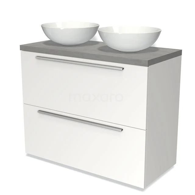 Badmöbel für Waschtischunterschrank mit Konsole 100cm Modulo Plato Matt Weiß 2 hohe Schubladen Flach hellgrauer Beton Platte BMK13-00587 Weißes Badezimmermöbel mit zwei keramischen Aufsatzwaschbecken, grauer Platte und chromatischen Haltegriffen; schlankes und modernes Design.