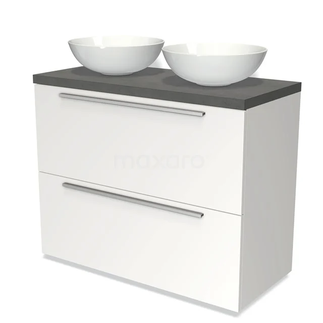 Badmöbel für Waschtischunterschrank mit Konsole 100cm Modulo Plato Matt Weiß 2 hohe Schubladen Flach Dunkelgrauer Beton Platte BMK13-00588 Weißes Badezimmermöbel mit doppeltem Aufsatzwaschbecken, grauer Steinplatte und modernen Schubladen, ideal für stilvolle Badezimmerlagerung.