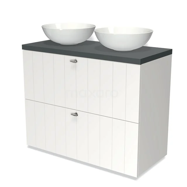 White bathroom unit with black worktop, two round worktops, vertical lines and two spacious drawers for storage space.