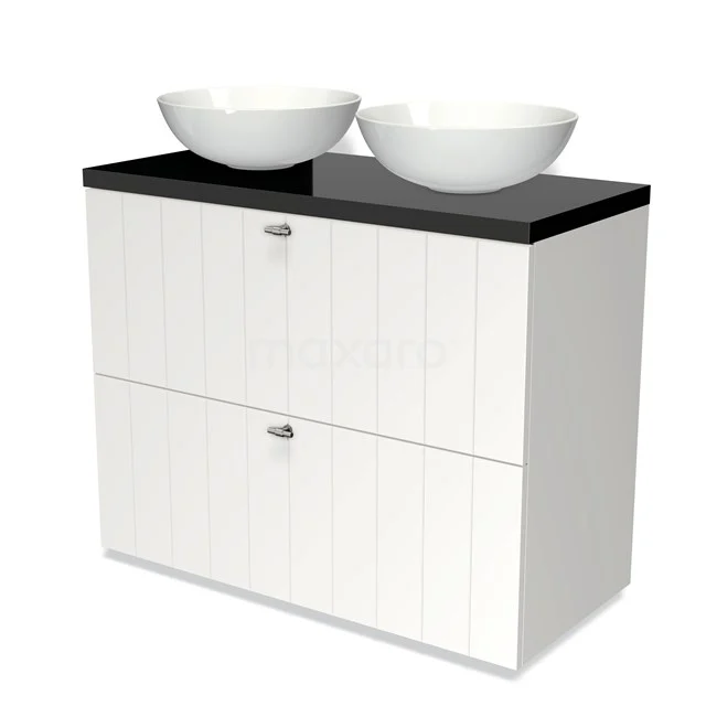 White bathroom unit with two ceramic vanity units for countertop wash basins, black glass top and vertical lines, ideal for modern bathroom design.