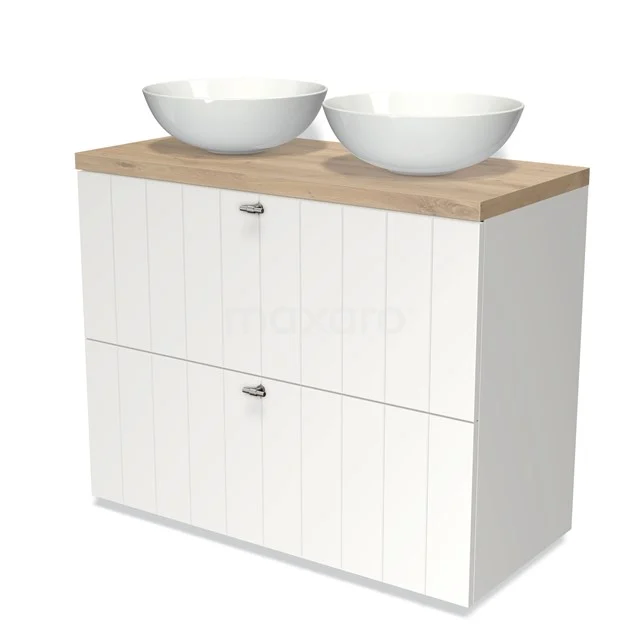White wooden bathroom unit with two round basins, natural wood-look top and double storage drawers.