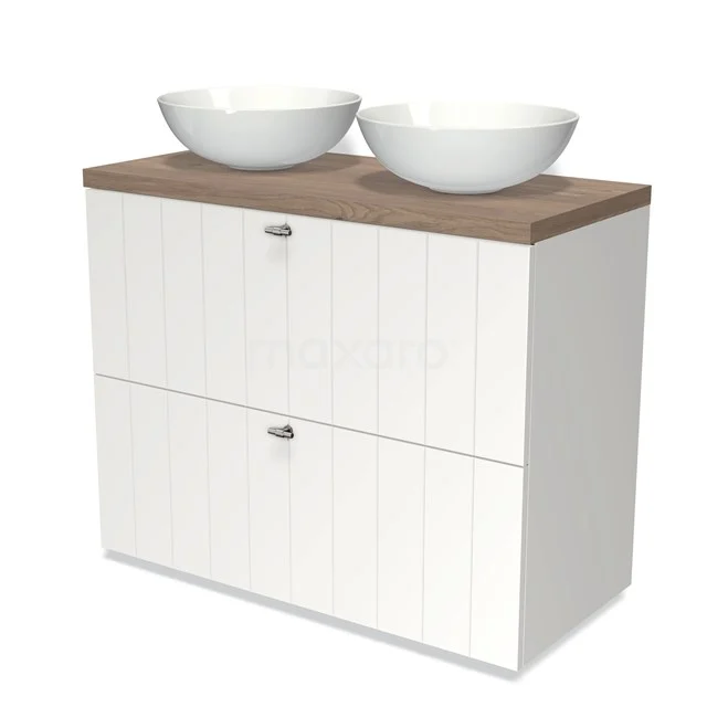 White bathroom unit with double countertop wash basins, wood-coloured worktop and vertical grooves, ideal for modern bathrooms.