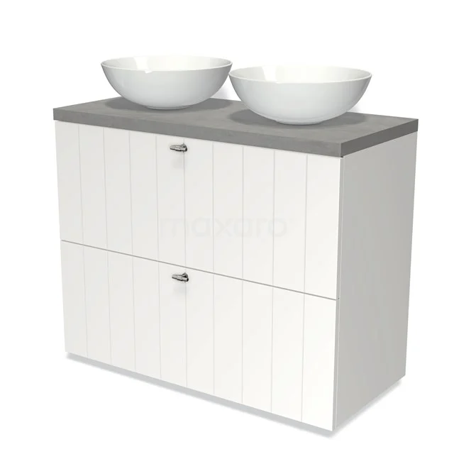 White bathroom unit with grey top, two round white vanity units for countertop wash basins, modern design, ideal for stylish bathroom decoration.