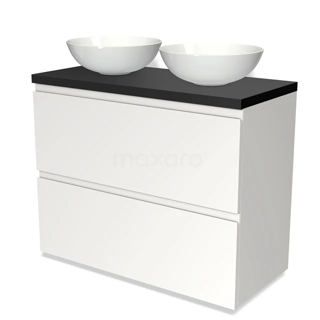 Weißes Badezimmermöbel mit zwei runden Aufsatzwaschbecken, schwarzer Platte und Soft-Close-Schubladen für einen modernen und praktischen Badezimmerstil.
