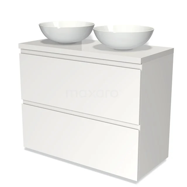Weißes Badezimmermöbel mit doppeltem keramischen Aufsatzwaschbecken, schickem Design und zwei breiten Schubladen für praktischen Stauraum.