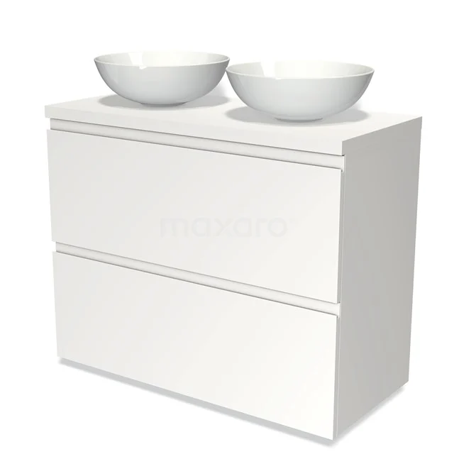 Weiße Badmöbelset mit zwei runden Waschbecken, modernes Design und praktische Schubladen, ideal für ein stilvolles Badezimmer.