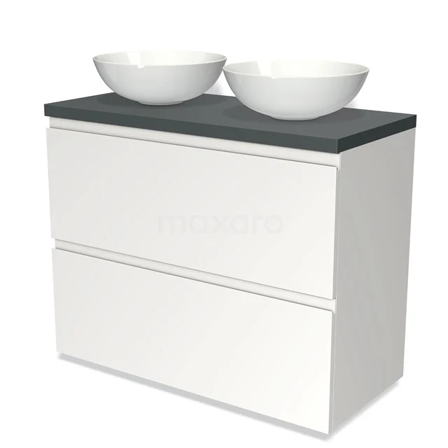 Modulo Plato Badmöbel mit Aufsatzwaschbecken | 100 cm Matt Weiß Grifflos front Dunkelgrau blatt 2 hohe Schubladen übereinanderliegend BMK13-00607 Weißes Badezimmermöbel mit zwei runden weißen Aufsatzwaschbecken und anthrazit Platte, modernes Design für ein stilvolles Badezimmer.