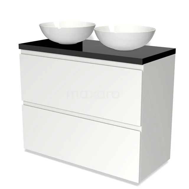 Modulo Plato Vanity units for countertop basin | 100 cm Matte white Handle-less front High-gloss black worktop 2 stacked drawers under each other BMK13-00608
