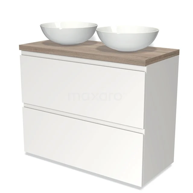 Modulo Plato Vanity units for countertop basin | 100 cm Matte white Handle-less front Oak worktop 2 stacked drawers under each other BMK13-00609