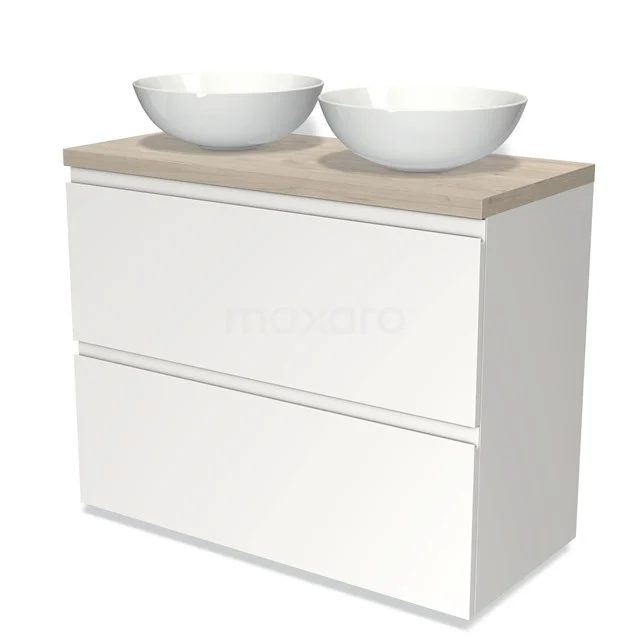 Modulo Plato Vanity units for countertop basin | 100 cm Matte white Handle-less front Light grey oak worktop 2 stacked drawers under each other BMK13-00610
