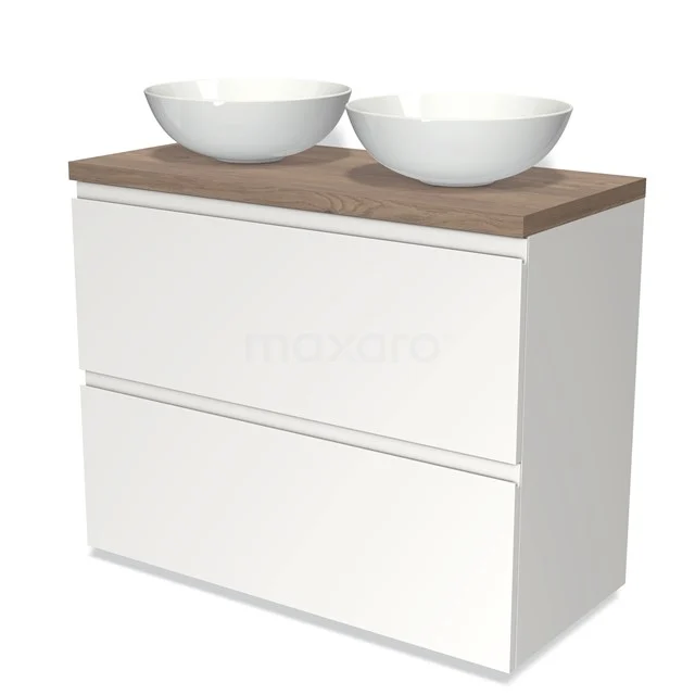 Modulo Plato Vanity units for countertop basin | 100 cm Matte white Handle-less front Mid brown oak worktop 2 stacked drawers under each other BMK13-00612