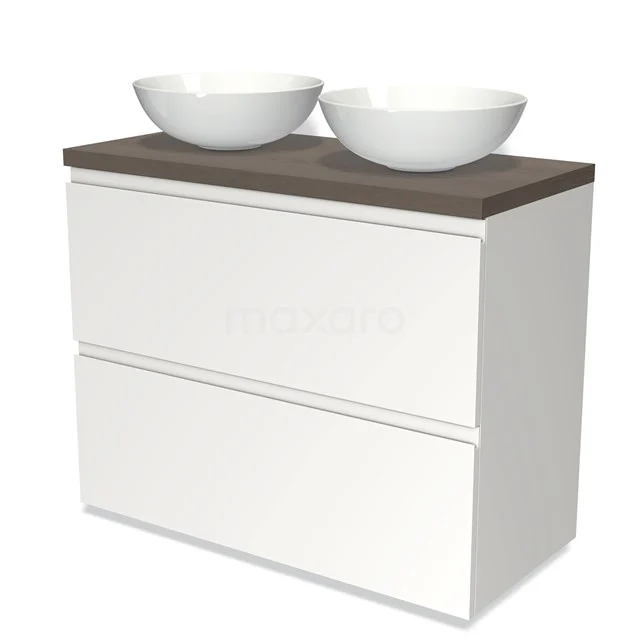 Weißes Badezimmermöbel mit doppelten Aufsatzwaschbecken, Holzplatte und zwei geräumigen Schubladen für moderne Badezimmerlagerung.