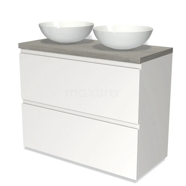 Modulo Plato Vanity units for countertop basin | 100 cm Matte white Handle-less front Grey oak worktop 2 stacked drawers under each other BMK13-00614