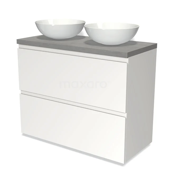 Modulo Plato Vanity units for countertop basin | 100 cm Matte white Handle-less front Light grey concrete worktop 2 stacked drawers under each other BMK13-00615