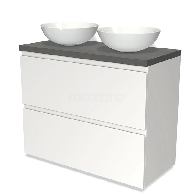Modulo Plato Badmöbel mit Aufsatzwaschbecken | 100 cm Matt Weiß Grifflos front Dunkelgrauer Beton blatt 2 hohe Schubladen übereinanderliegend BMK13-00616 Weißes Badezimmermöbel mit grauer Platte, zwei runden Aufsatzwaschbecken, straffes Design, ideal für moderne Bäder.