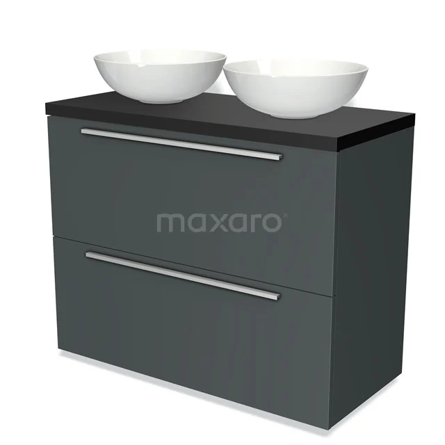 Badmöbel für Waschtischunterschrank mit Konsole 100cm Modulo Plato Dunkelgrau 2 hohe Schubladen Flach Matt Schwarz Platte BMK13-00617 Graue Badmöbelset mit zwei weißen keramischen Aufsatzwaschbecken, modernes Design und schwarzer Oberseite für ein stilvolles Badezimmer.