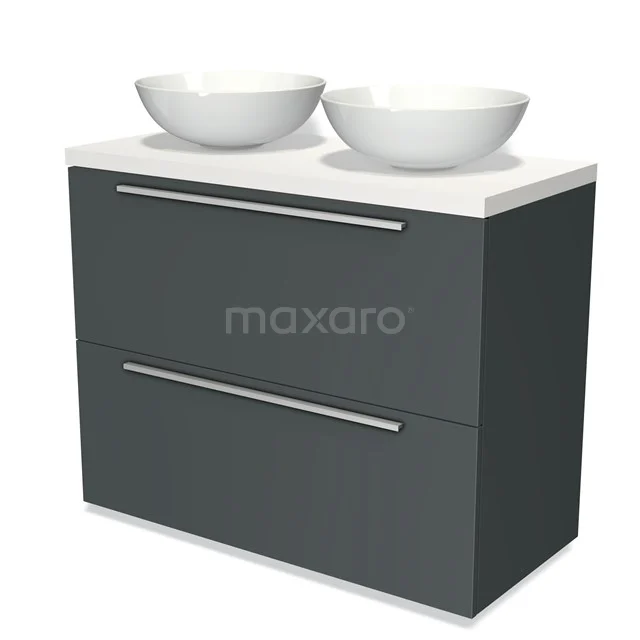 Badmöbel für Waschtischunterschrank mit Konsole 100cm Modulo Plato Dunkelgrau 2 hohe Schubladen Flache Dunkelgraue Platte BMK13-00620 Antrazit Badezimmermöbel mit doppelten weißen Aufsatzwaschbecken, moderne Designschrank mit metallischen Haltegriffen und Softclose-Schubladen.