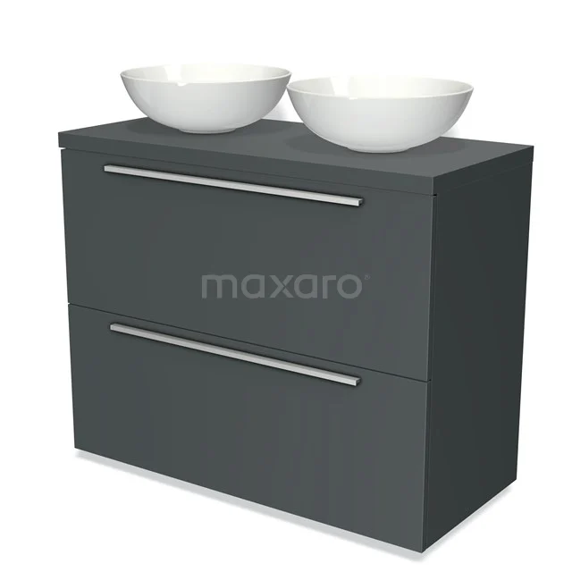 Badmöbel für Aufsatzwaschbecken 100cm Modulo Plato Dunkelgrau 2 hohe Schubladen Flach BMK13-00621 Dunkelgraue Badmöbelset mit zwei weißen Waschbecken, schlichte Verarbeitung und metallischen Haltegriffen.