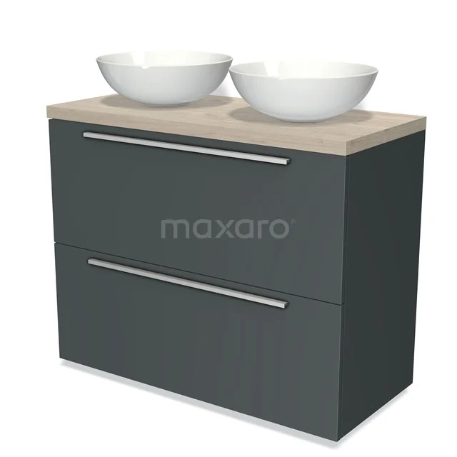 Badmöbel für Waschtischunterschrank mit Konsole 100cm Modulo Plato Dunkelgrau 2 hohe Schubladen Flach hellgraue Eiche Platte BMK13-00624 Graue Badmöbelset mit Holzplatte und doppelten weißen Aufsatzwaschbecken, modernes Design, ideal für stilvolle Badezimmergestaltung.