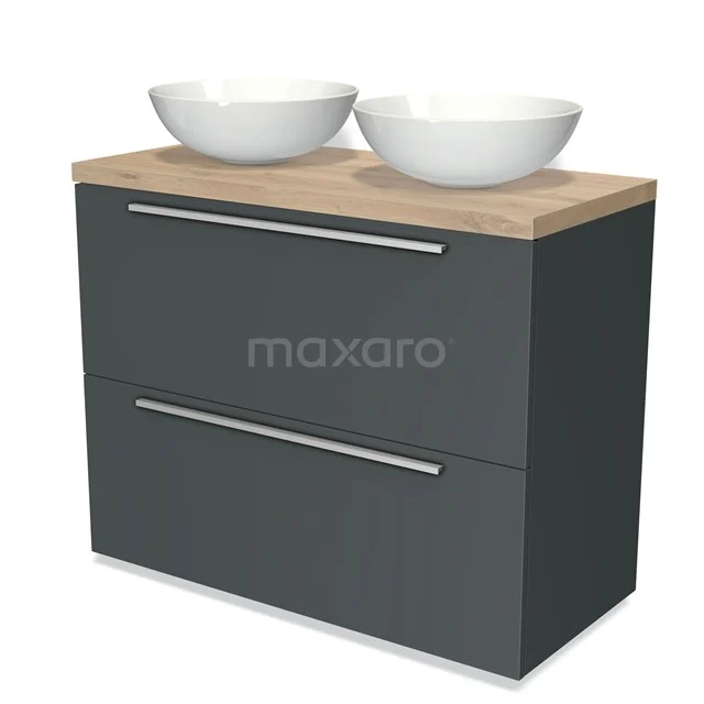 Antrazit Badezimmermöbel mit Holzlook Platte und doppelten weißen Aufsatzwaschbecken, modernes Design für stilvolles Badezimmerinterieur.