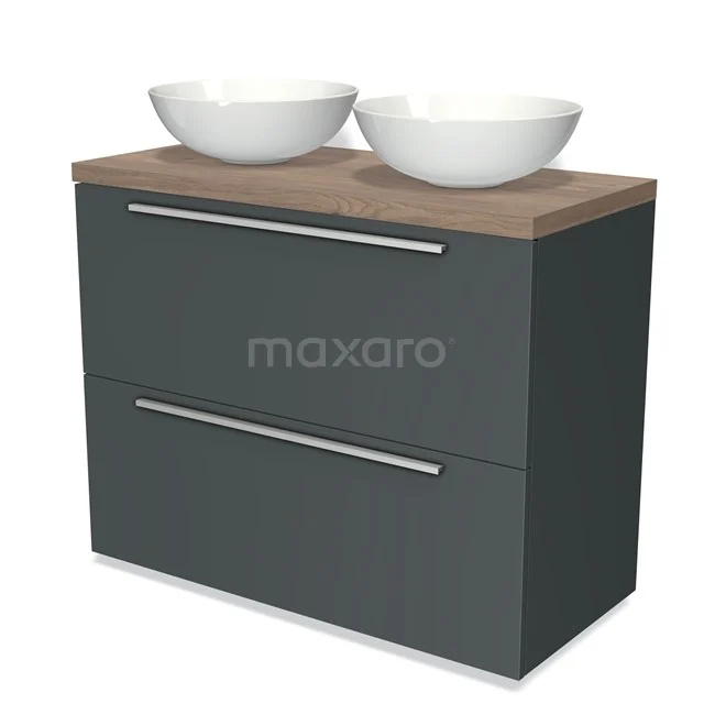 Modulo Plato Vanity units for countertop basin | 100 cm Dark grey Flat front Mid brown oak worktop 2 stacked drawers under each other BMK13-00626