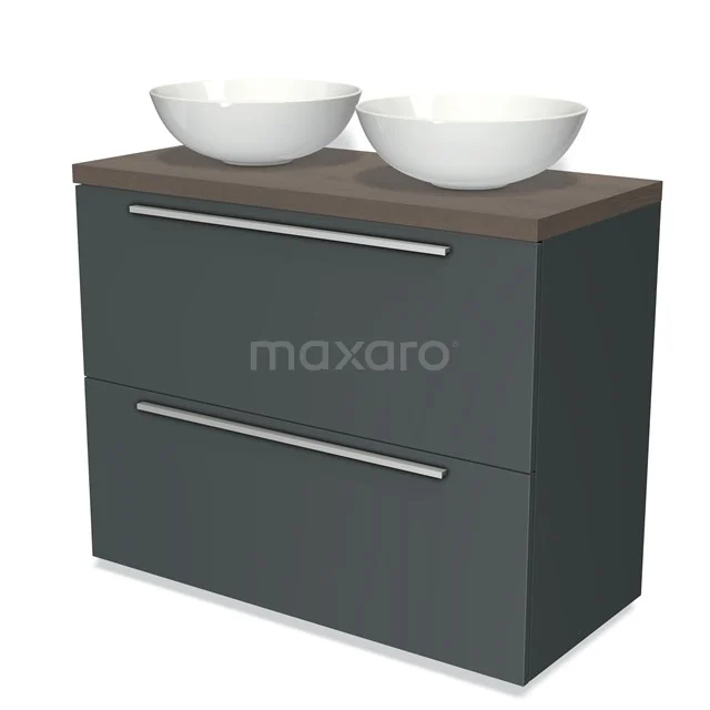 Badmöbel für Waschtischunterschrank mit Konsole 100cm Modulo Plato Dunkelgrau 2 hohe Schubladen Flach Dunkelbraune Eiche Platte BMK13-00627 Antrazit Badezimmermöbel mit Holz Platte und doppeltem weißen Aufsatzwaschbecken, modernes Design mit zwei breiten Schubladen.