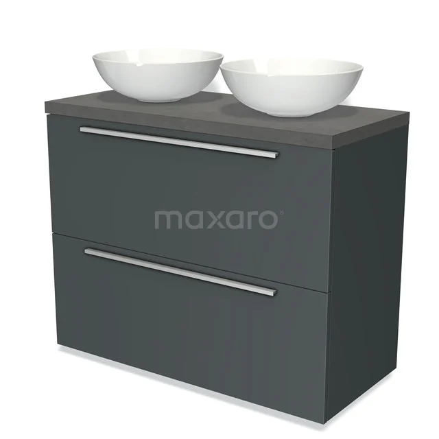 Graue Badmöbelset mit zwei weißen Aufsatzwaschbecken, modernem Designlook, klaren Linien und metallischen Haltegriffen.