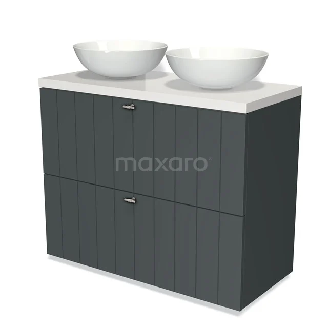 Modulo Plato Vanity units for countertop basin | 100 cm Dark grey Slat front High-gloss white worktop 2 stacked drawers under each other BMK13-00633