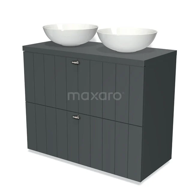 Modernes Dunkelgrau Badezimmermöbel mit zwei weißen keramischen Aufsatzwaschbecken, stilvollen gestreiften Fronten und chromatischen Griffen.