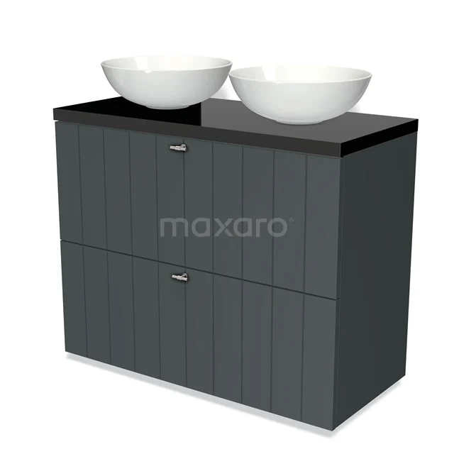 Modulo Plato Badmöbel mit Aufsatzwaschbecken | 100 cm Dunkelgrau Lamelle front Hochglanz Schwarz blatt 2 hohe Schubladen übereinanderliegend BMK13-00636 Dunkelgraue Badmöbel mit schwarzer Platte und zwei weißen keramischen Waschbecken, modernes Design und viel Stauraum.