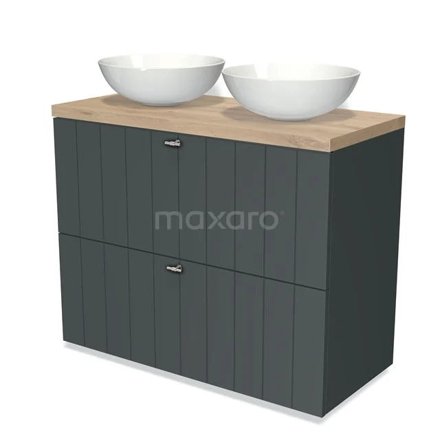 Modulo Plato Vanity units for countertop basin | 100 cm Dark grey Slat front Light brown oak worktop 2 stacked drawers under each other BMK13-00639