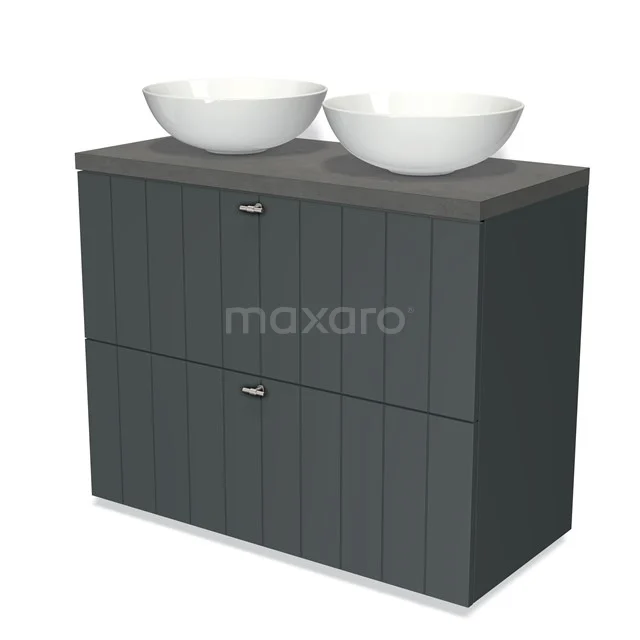 Grauer Badschrank mit zwei weißen keramischen Aufsatzwaschbecken, schlankes Design, perfekte Lösung für moderne Badezimmerlagerung.