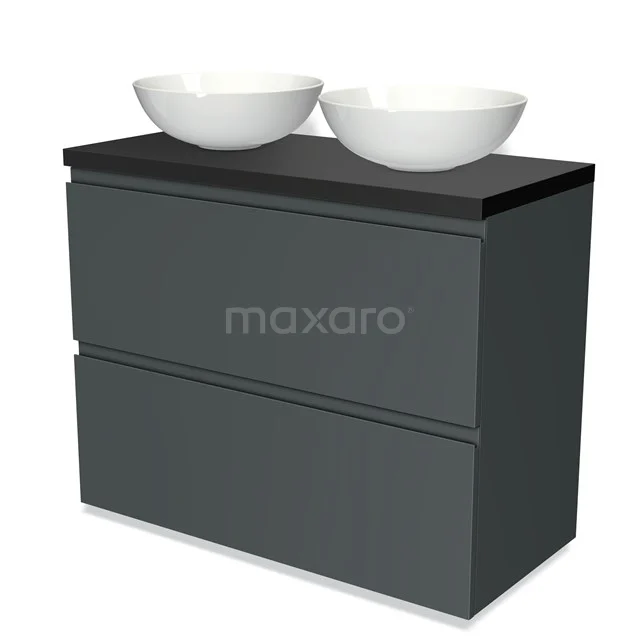 Antrazit Badmöbel mit zwei weißen Aufsatzwaschbecken, straffes Design und matt schwarzer Platte, ideal für moderne Bäder.