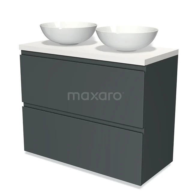 Badmöbel für Waschtischunterschrank mit Konsole 100cm Modulo Plato Dunkelgrau 2 hohe Schubladen Grifflose Dunkelgraue Platte BMK13-00648 Antrazit Badmöbel mit zwei runden Waschbecken, moderner Stil, klares Design, perfekt für eine stilvolle Badezimmerinrichtung.