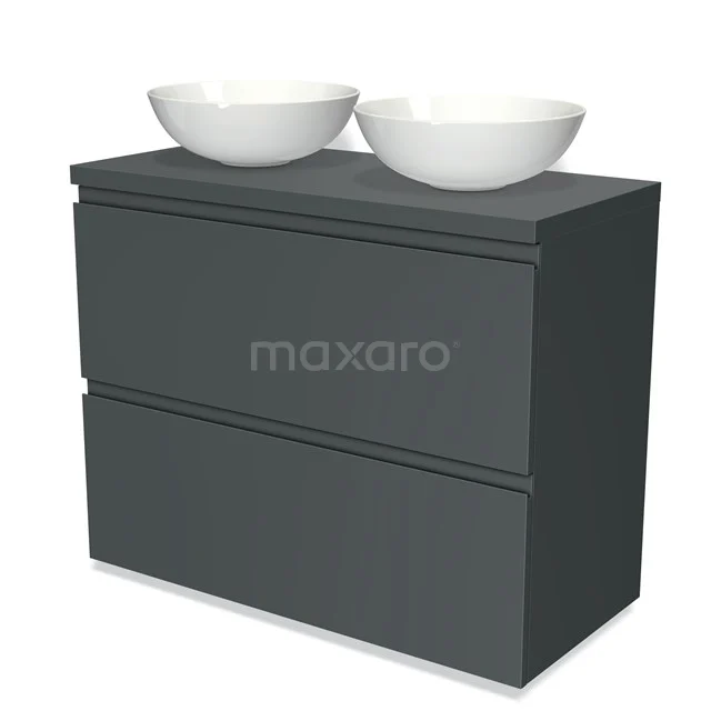 Graue Badmöbelset mit zwei weißen Aufsatzwaschbecken, schlankes Design und Softclose Schubladen, ideal für ein modernes Badezimmer.