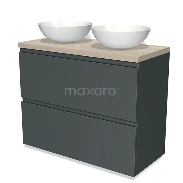 Modulo Plato Vanity units for countertop basin | 100 cm Dark grey Handle-less front Light grey oak worktop 2 stacked drawers under each other BMK13-00652