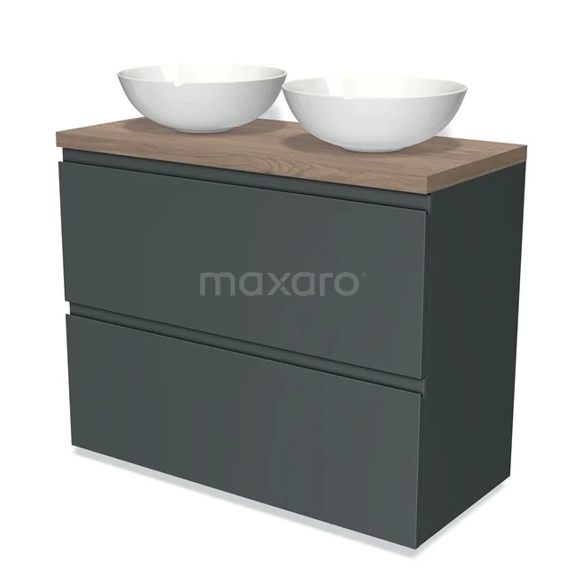 Modulo Plato Vanity units for countertop basin | 100 cm Dark grey Handle-less front Mid brown oak worktop 2 stacked drawers under each other BMK13-00654
