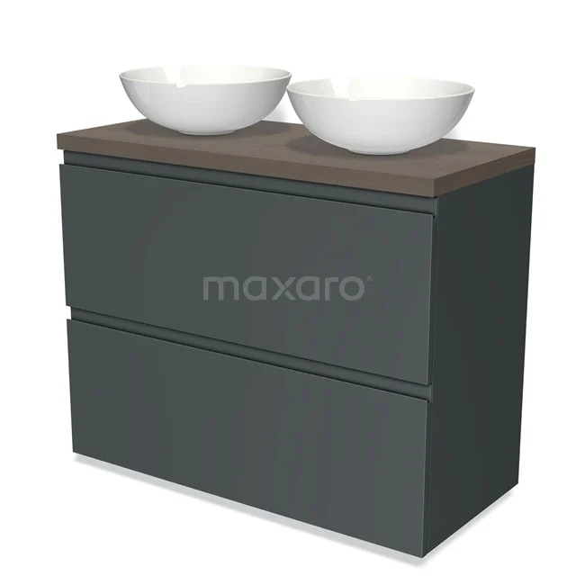 Badmöbel für Waschtischunterschrank mit Konsole 100cm Modulo Plato Dunkelgrau 2 hohe Schubladen Grifflose dunkelbraune Eiche Platte BMK13-00655 Dunkelgraue Badmöbelset mit Holzplatte und zwei weißen Aufsatzwaschbecken, modernes Design und klare Linien.