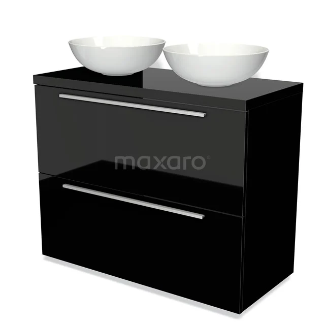 Modulo Plato Vanity units for countertop basin | 100 cm High-gloss black Flat front High-gloss black worktop 2 stacked drawers under each other BMK13-00664 Black bathroom furniture set with two white basins, modern design, A high-gloss finish and spacious storage drawers.