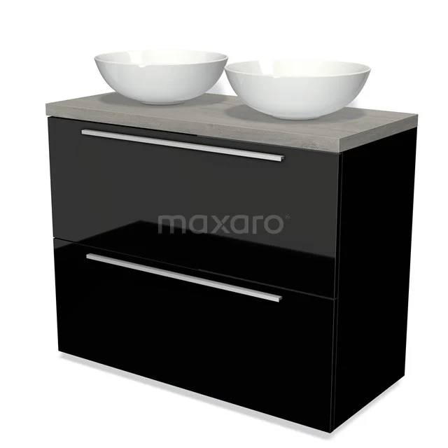 Black glossy bathroom unit with two white countertop wash basins, concrete worktop and modern handles from the Luxe Design series.