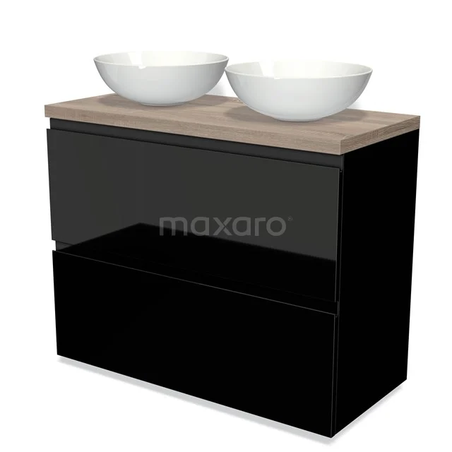 Black bathroom furniture set with wood-look worktop, two white basins, modern design and practical storage drawers.