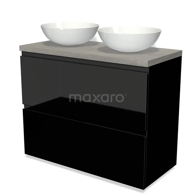 Black bathroom unit with glossy drawers, grey worktop and two white top washbasins, stylish and modern design.